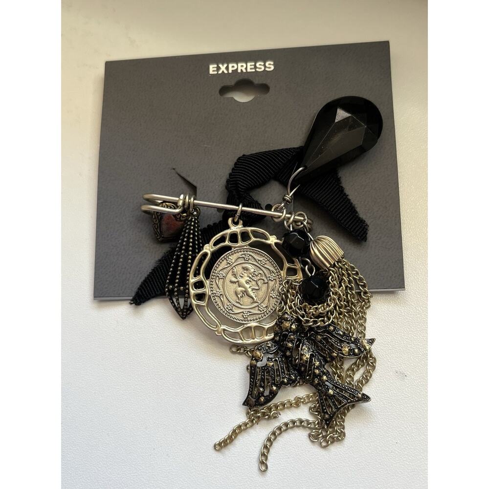 NEW Express Charm Safety Pin Brooch Brass Coin Bird Bow
